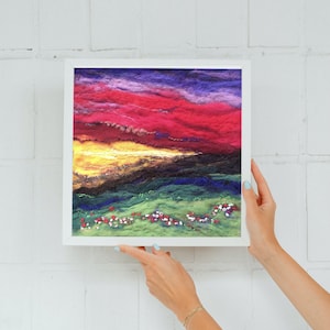 Red Sky Sunset Landscape Needle Felt Art Painting, Highlands Wool Art, Original Needle Felting, Nature Home Decor, Felted Wall Art, image 1