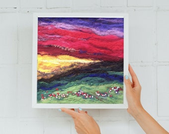 Red Sky Sunset | Landscape Needle Felt Art Painting, Highlands Wool Art, Original Needle Felting, Nature Home Decor, Felted Wall Art,