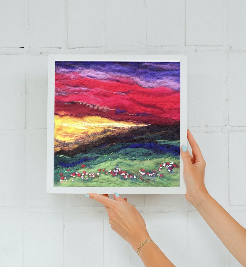 Red Sky Sunset Landscape Needle Felt Art Painting, Highlands Wool Art, Original Needle Felting, Nature Home Decor, Felted Wall Art, image 1