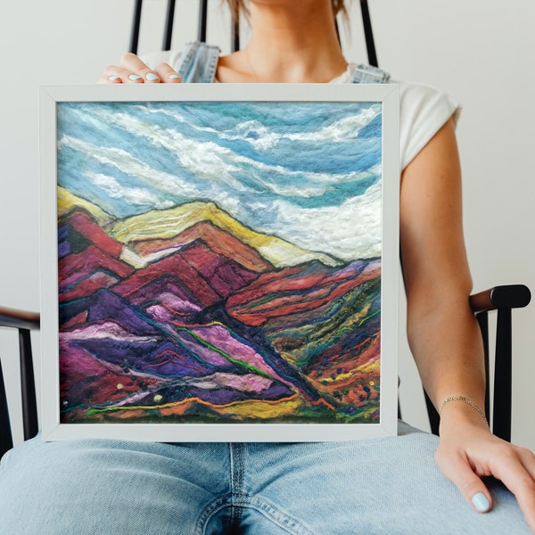 Rainbow Mountains | Landscape Wool Painting, Original Needle Felt Painting, Wool Picture, Felt Wall Hanging, Abstract Felted Art