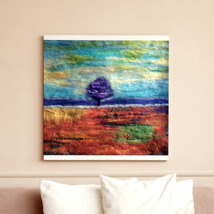Fall Tree Fields | Autumn Landscape - Felt Art Painting, Wool Picture, Needle Felted Wall Decor, Embroidered Felt Tapestry, Modern Wall Art