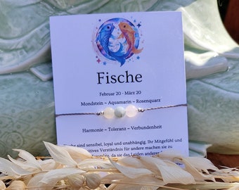 Zodiac sign Pisces bracelet. Pisces March birthstone. Gemstone bracelet fish. Pisces gift. Moonstone Aquamarine Rose Quartz
