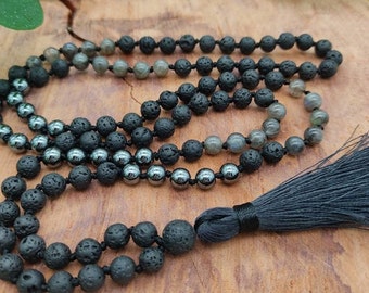 Labradorite Mala « Inner Fantasy » lave, hématite, 108 perles, cadeau homme, chaîne de prière, perles de 6 mm, traditionnellement nouées