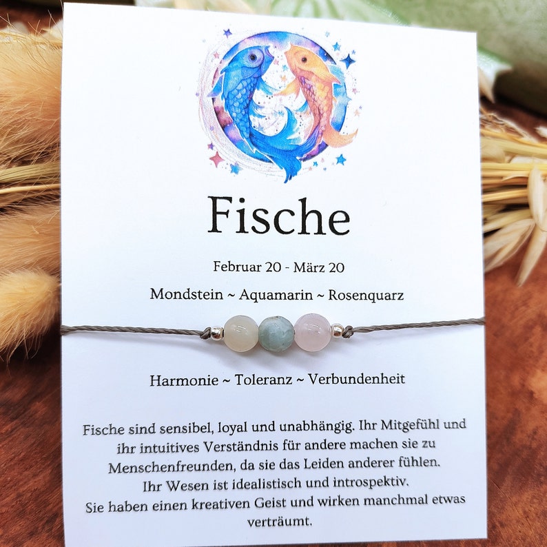 Zodiac sign Pisces bracelet. Pisces March birthstone. Gemstone bracelet fish. Pisces gift. Moonstone Aquamarine Rose Quartz image 5