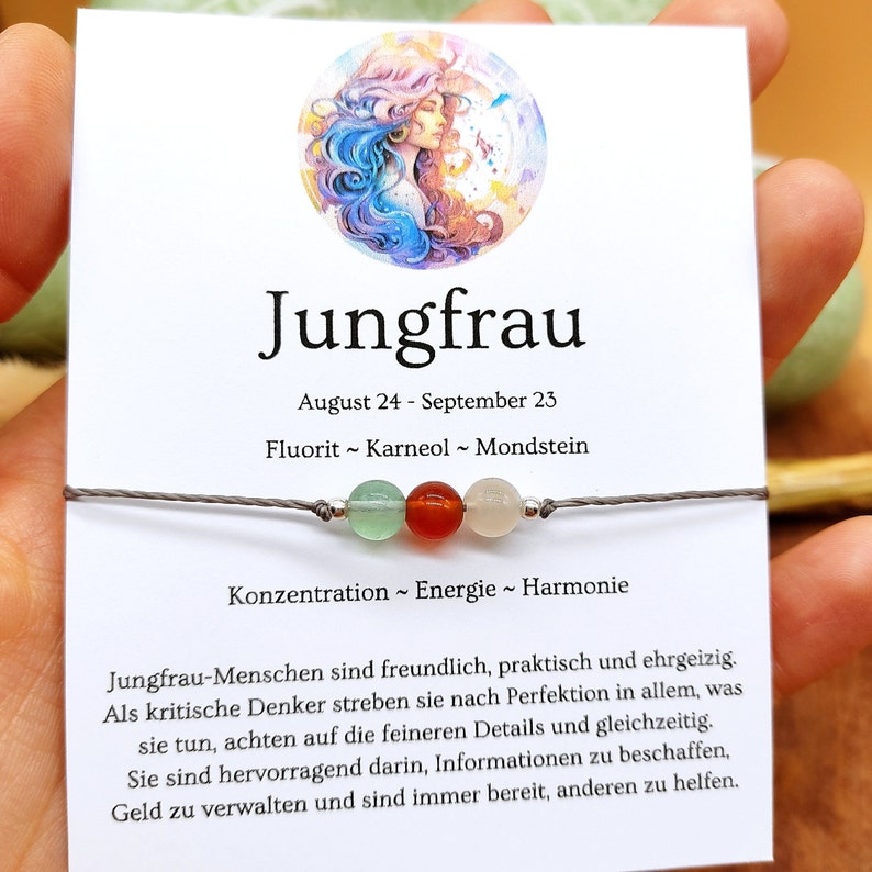 Sternzeichen Jungfrau Armband . Geburtsstein Jungfrau September . Edelstein Armband Jungfrau . Jungfrau Geschenk . Fluorit Karneol Mondstein Bild 5