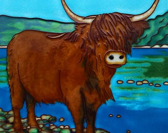 Highland Cow on Loch - Ceramic Picture Tile