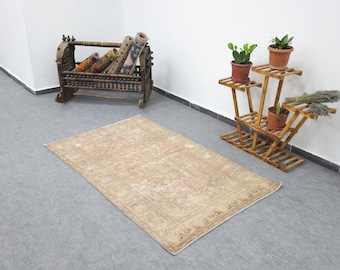 Vintage Distressed Rug, 3x6 Oushak Rug, Worn Turkish Wool Rug, Red and Green Tribal Rug, Boho Faded Area Rug, Soft Low Pile Living Room Rug