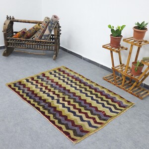 Zigzag Wool Rug, 4x5 Vintage Oushak Rug, Green Tribal Rug, Boho Area Rug, Soft Wool Turkish Rug, Colorful Small Rug