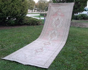 Oushak Runner, Pink Rug, 3x10 Rug, Turkish Rug, Vintage Rug, Persian Rug, Runner Rug 2'9''x9'5''