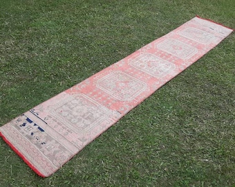 Long Runner Rug, Vintage Narrow Rug, Turkish Runner Red, SEFTALI-32, Runner for Stairs