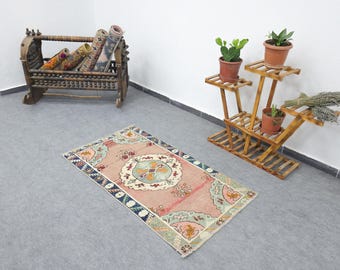 Turkish Rug 2x4, Vintage Wool Area Rug, Small Boho Faded Red Rug, Tribal Decor Piece, Oushak Low Pile Rug