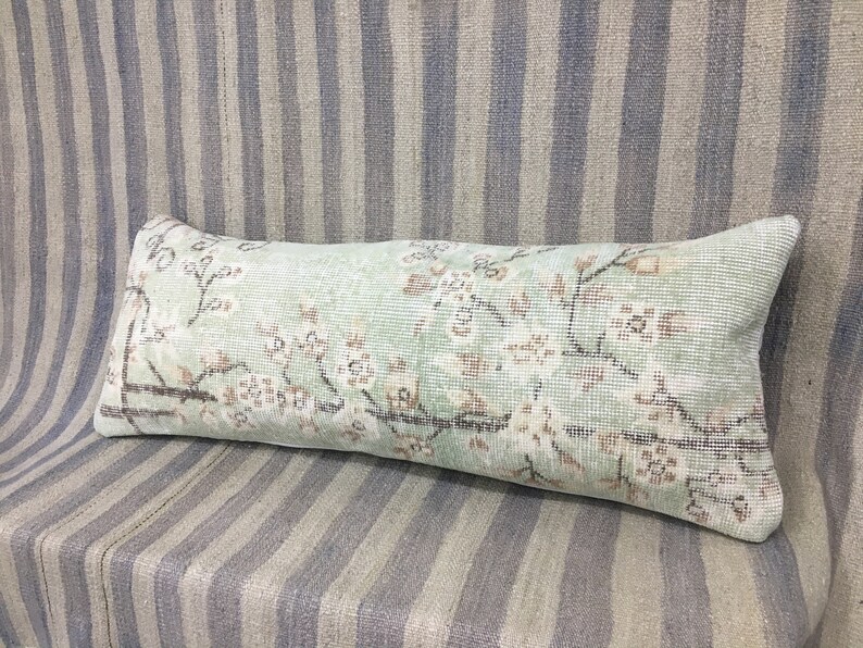 Anatolisk handgjord vintagematta med örngott, 12x36 blommig design, ländryggsöverdrag, heminredningsgåvor, mjuka gröna och bruna färger, 14x36 kudde bild 8