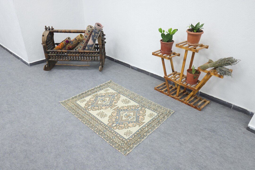 Turkish Wool Rug, 3x4 Oushak Vintage Rug, Blue and Beige Small Area Rug ...