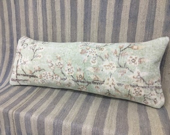 Anatolian Handmade Vintage Rug Pillow Cover, 12x36 Floral Desing Lumbar Cover, Home Decor Gifts, Soft Green and Brown Colors, 14x36 Pillow