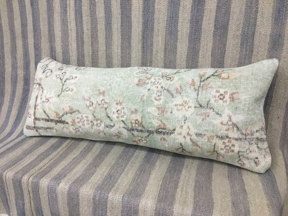 Anatolian Handmade Vintage Rug Pillow Cover, 12x36 Floral Desing Lumbar Cover, Home Decor Gifts, Soft Green and Brown Colors, 14x36 Pillow