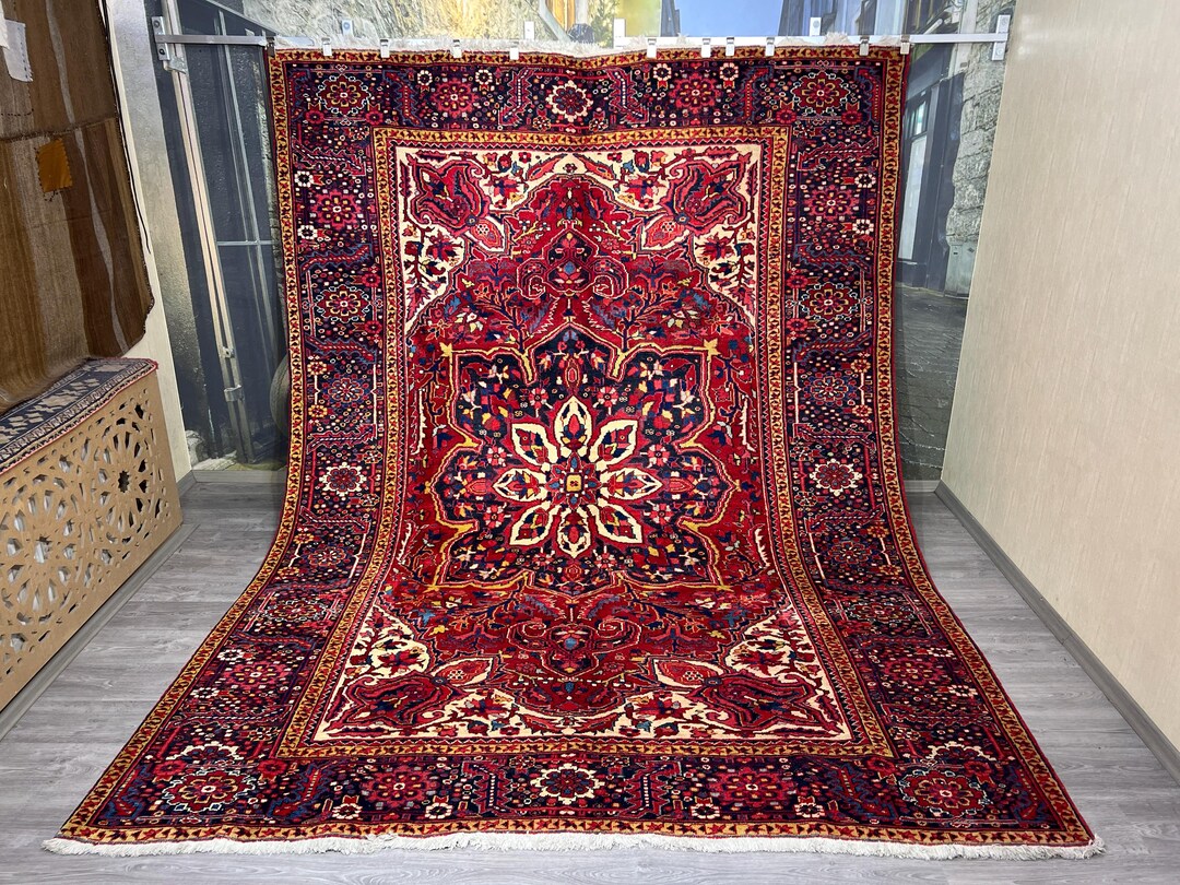 Red Floral Turkish Rug, 8x11 Vintage Oushak Area Rug, Large Wool