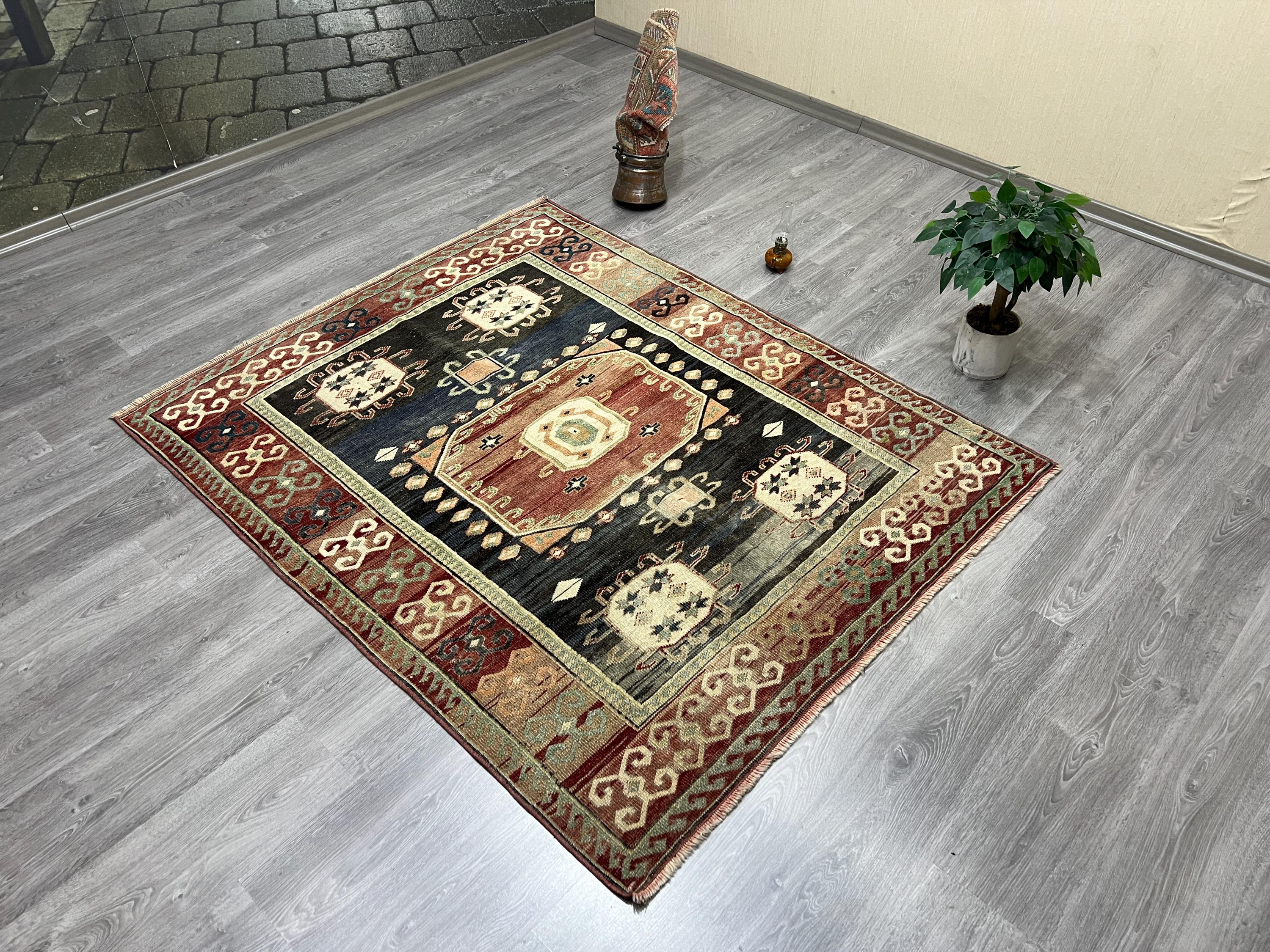 4x6 Turkish Rug, Vintage Oushak Wool Rug, Red Tribal Geometric