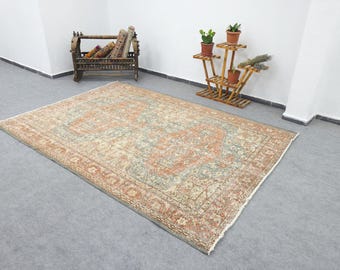 Terracotta Blue Vintage Turkish Rug 6x9 Distressed Wool With Faded