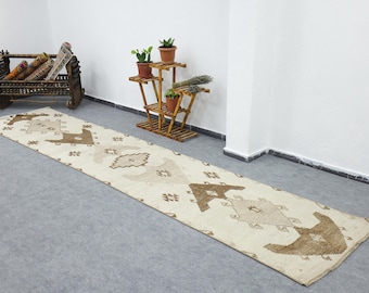2x14 smal turkisk löpare, brun vintage ullmatta, tribal hallmatta, rustik boho lång matta, trapp- och entrédekor