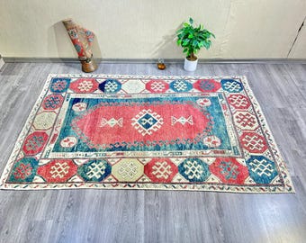 Alfombra Oushak turca vintage, 10 x 18 cm, estilo tribal rojo y azul, de lana, decoración bohemia, estilo nómada geométrico.