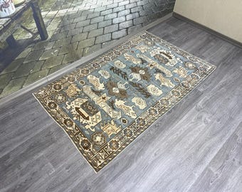 Blue 4x6 Turkish Oushak Rug, Vintage Wool Geometric Rug, Tribal Boho Living Room Carpet, Handwoven Rustic Decor