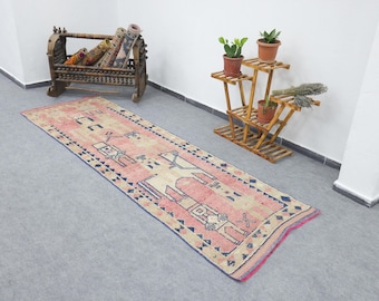 Herki Runner Rug, 3x10 Vintage Turkish Rug, Pink Tribal Wool Runner, Boho Village Style Rug, Soft Long Hallway Rug, Unique Entry Runner