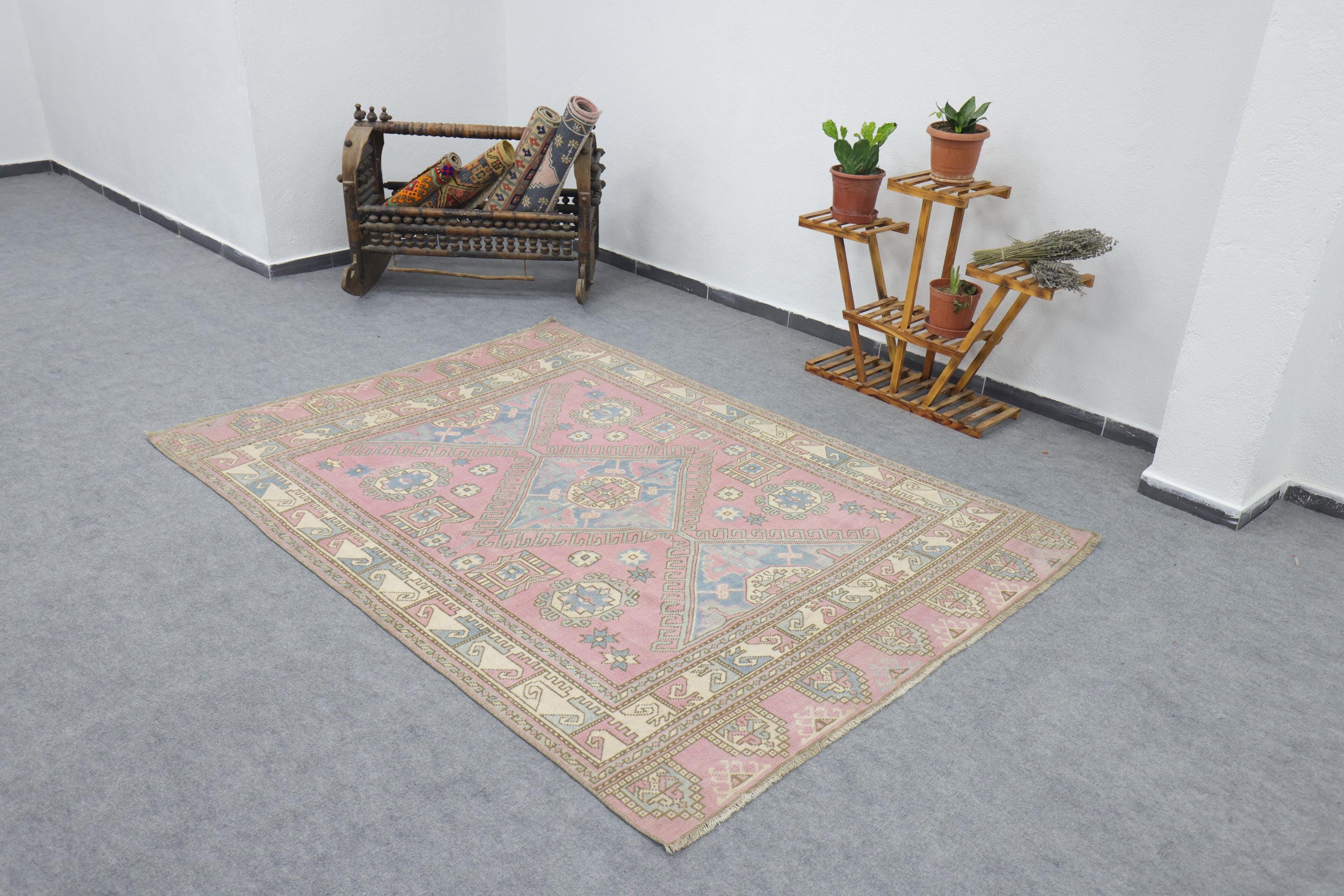 Vintage Rug 5x8, Oushak Wool Rug, Turkish Large Pink Blue Rug