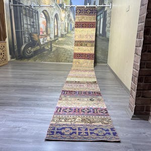 May include: A long, rectangular rug with a patchwork design. The rug features a variety of colours, including beige, purple, and blue. The rug is placed on a grey wooden floor. The rug is a decorative item.
