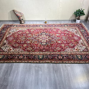 Vintage Wool Rug, 6x9 Red Turkish Oushak Rug, Boho Geometric Floor Decor, Traditional Floral Style