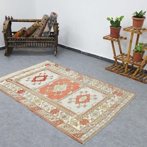 Muted Orange Rug, 4x6 Turkish Oushak Rug, Vintage Wool Tribal Rug, Low Pile Area Rugs, Soft Boho Styling Rug