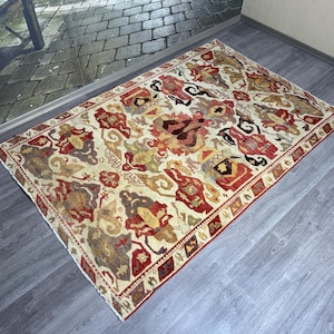 Vintage 5x7 Turkish Rug, Red Oushak Wool Area Rug, Tribal Boho Decor Carpet, Bold Colorful Handwoven Floor Rug