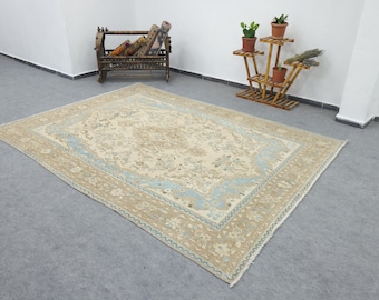 Großer Vintage Teppich 200x300, Beige Wollteppiche, Oushak Boho Teppich, Hellblauer Teppich, Weicher Kurzflor Teppich