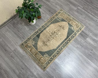 May include: A rectangular rug with a central beige design and a teal border, featuring floral patterns. The rug is placed on a grey wooden floor. A potted plant is visible in the upper left corner. The rug's dimensions are approximately 120 cm x 60 cm.