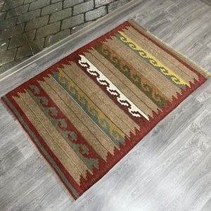 3x5 Turkish Kilim Rug, Striped Vintage Wool Kilim, Red and Earth Tone Flatweave, Boho Rustic Entry Rug, Geometric Decor Mat
