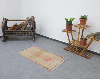 Turkish Rug, 2x4 Vintage Rug, Oushak Wool Rug, Khaki and Red Small Rug, Tribal Rustic Rug, Low Pile Boho Rug, Soft Living Room Rug