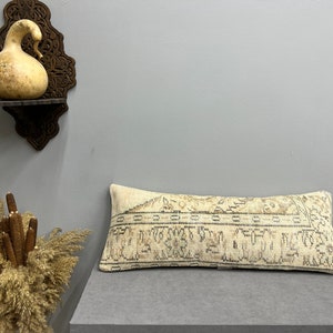 Turkish Pillow Cover, Natural Pillow Cover, 14x36 Lumbar Pillow, Cushion Cover Modern, Vintage Rug Pillow, Oushak Pillow Cover, Gift Pillow