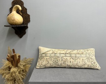 Turkish Pillow Cover, Natural Pillow Cover, 14x36 Lumbar Pillow, Cushion Cover Modern, Vintage Rug Pillow, Oushak Pillow Cover, Gift Pillow