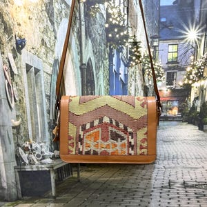 Vintage Kilim Crossbody, Turkish Tribal Wool Bag, Boho Shoulder Purse with Tan Leather, Ethnic Woven Design
