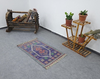 Red Vintage Rug, 2x4 Turkish Wool Rug, Purple Oushak Small Area Rug, Boho Floor Rugs, Soft Tribal Wool Rug