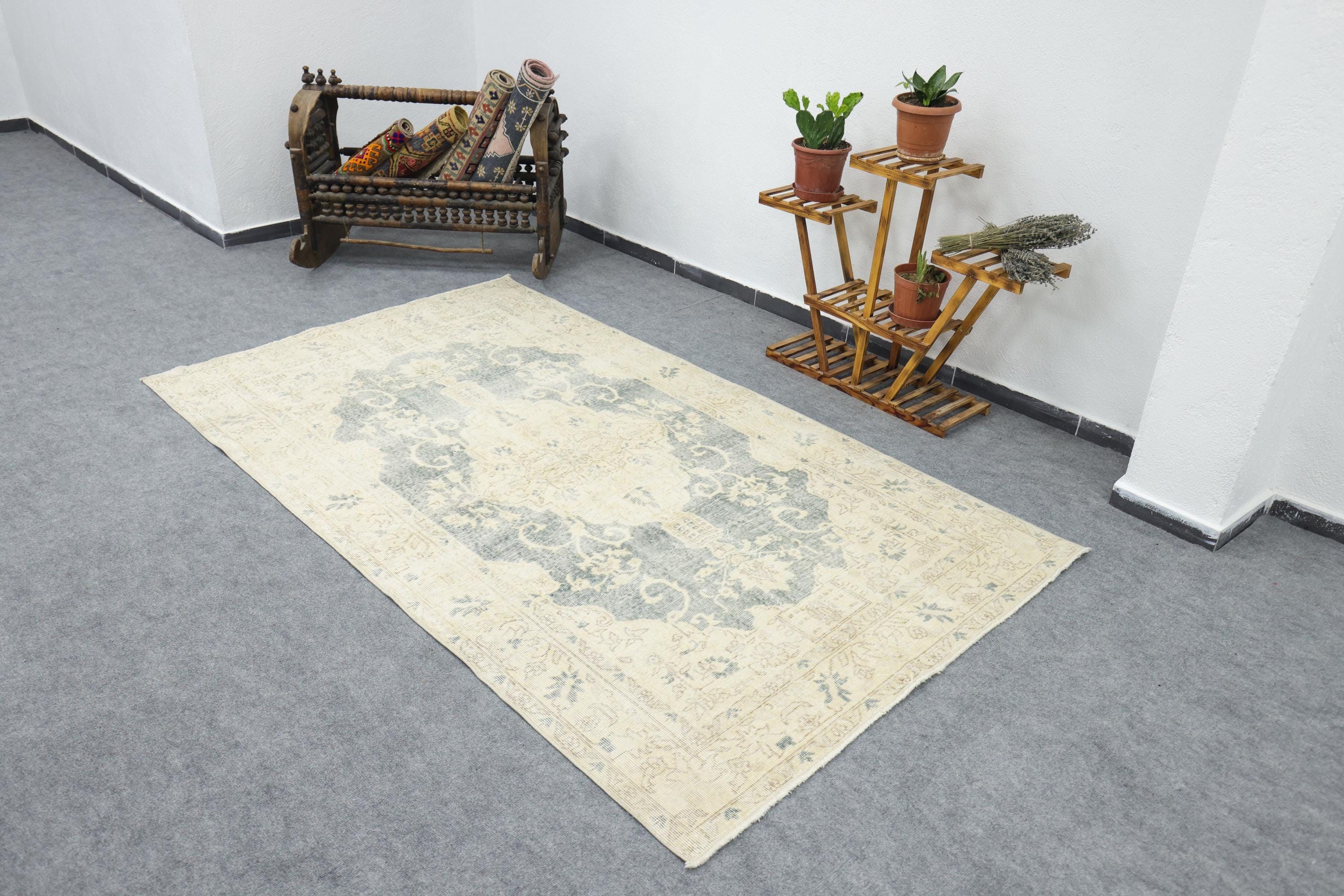 Vintage Rug 5x8, Turkish Wool Area Rug, Beige Oushak Rug, Neutral