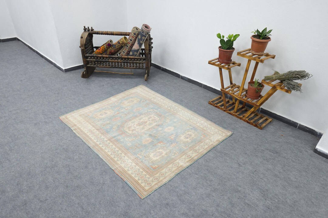 4x5 Faded Blue Rug, Vintage Wool Rug, Oushak Small Rug, Turkish Area ...