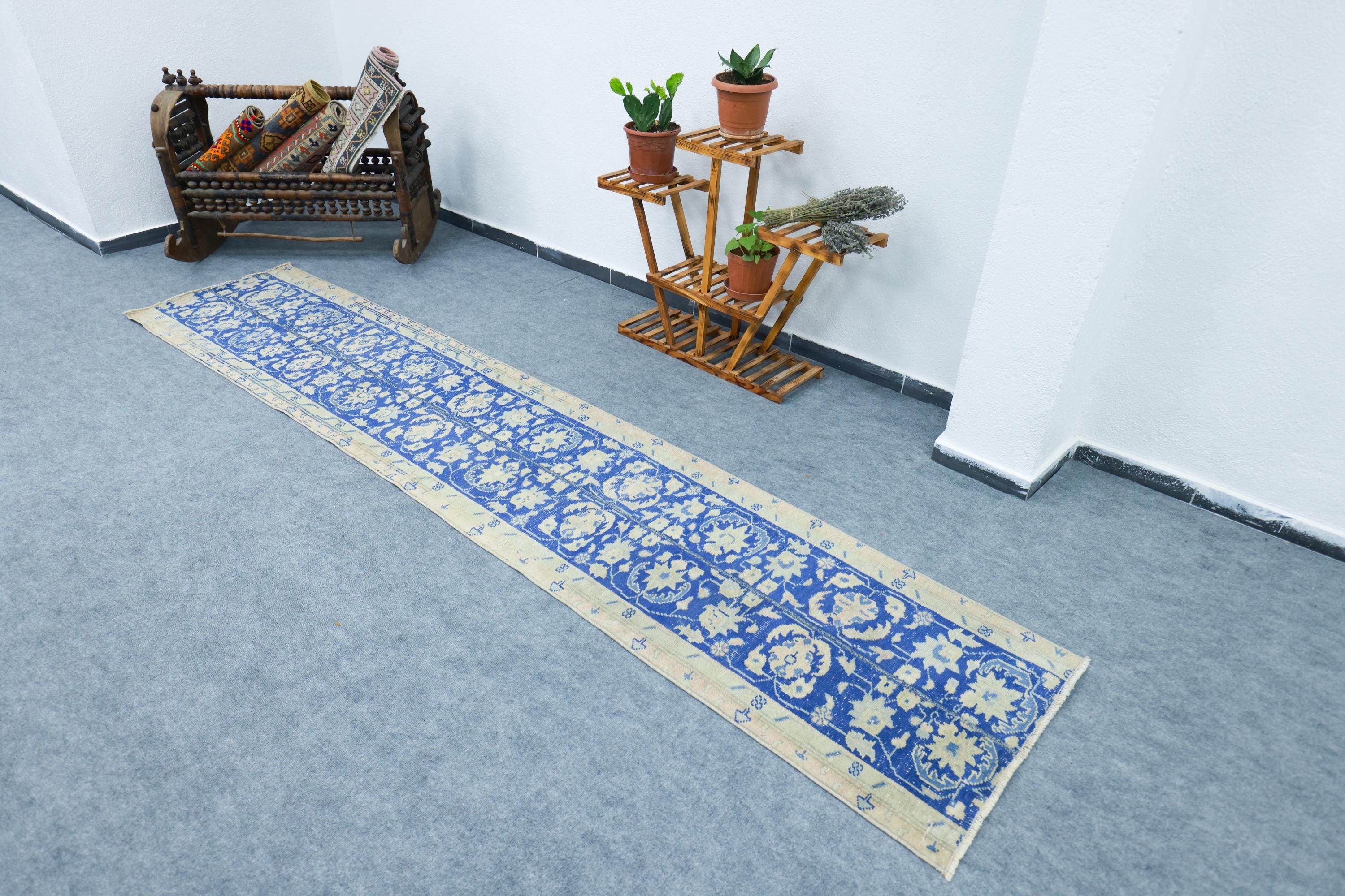 ベージュ／57×219ブルー　パッチワーク　ランナー　トルコヴィンテージラグ 2x11 パッチワークランナーラグ、ブルートルコヴィンテージラグ