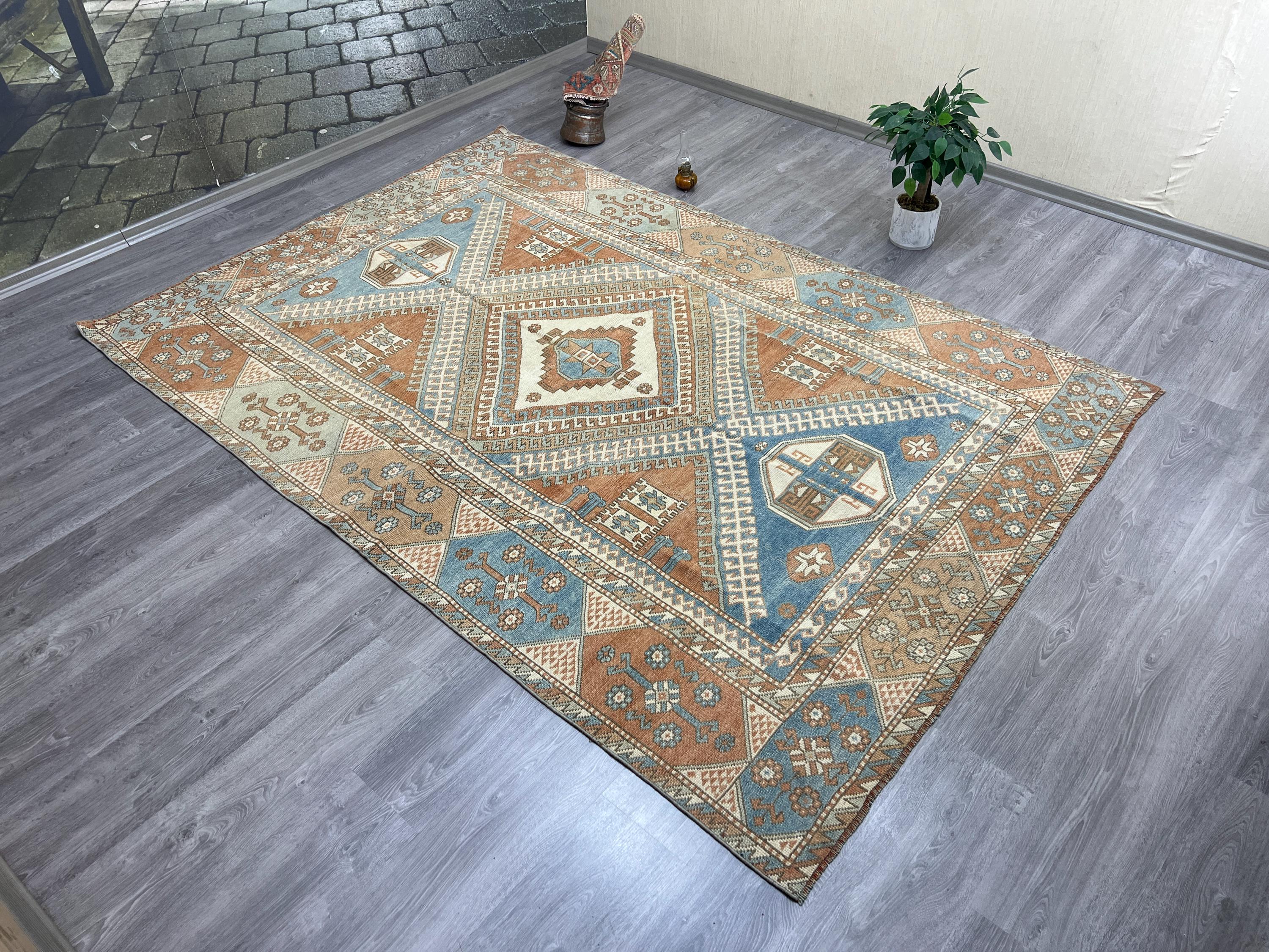 Vintage Rug 5x8, Turkish Oushak Wool Rug in Rust and Blue, Boho