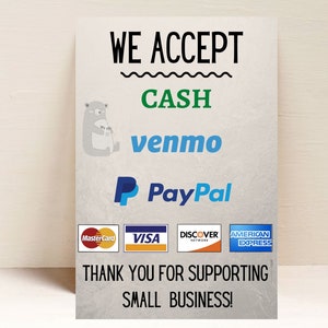 Money Payment Sign - How To Pay - Cash - Venmo - Square - Paypal - Credit Card - Small Business - Digital Download