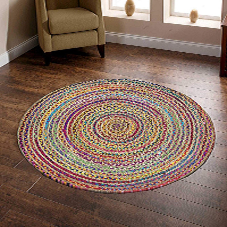 Hand Braided Round Area Rug Bohemian Colorful Cotton Cotton | Etsy