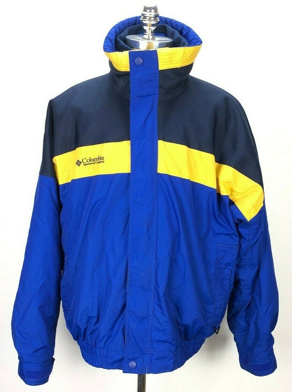 blue and yellow columbia jacket