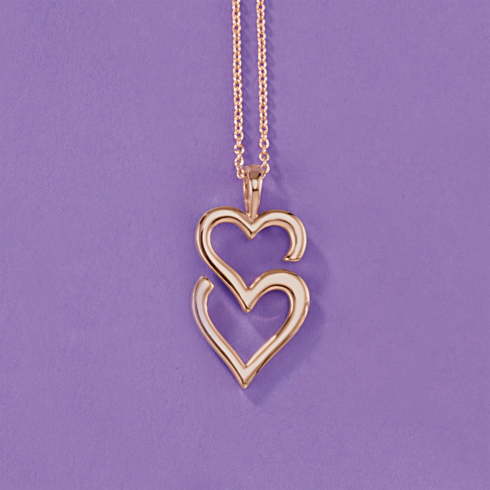 Love Heart Necklace Solid 14K Rose Gold Double Heart Pendant Etsy