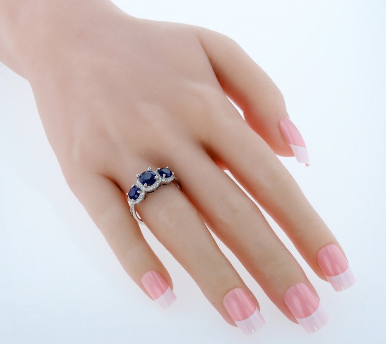 Stackable Birthstone Ring-Created Blue Sapphire Sterling Silver 3 Stone Halo Ring Three Stone Engagement Ring Gemstone Ring