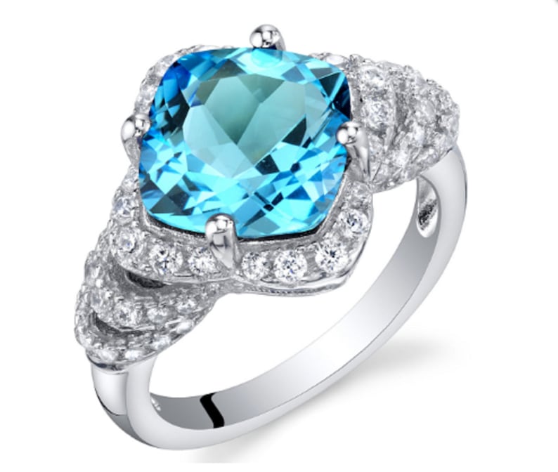 Engagement Ring 3.50 Carat Swiss Blue Topaz Sterling Silver Halo Ring Sizes 5 to 9 Gift for Her Eliana and Eli Jewelry