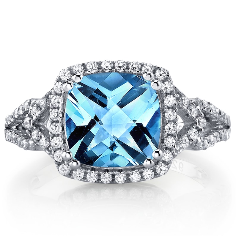 Gemstone Ring Handmade Engagement Ring Swiss Blue Topaz Cushion Cut Checkerboard Ring Sterling Silver 2.25 Carats Sizes 5 to 9
